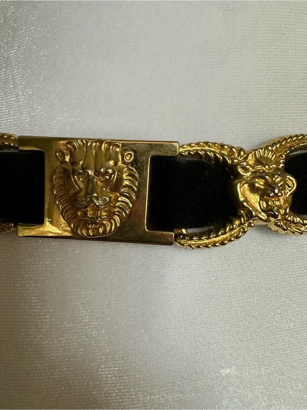 Dark Blue Velvet Belt with Ornate Gold Lion Accents